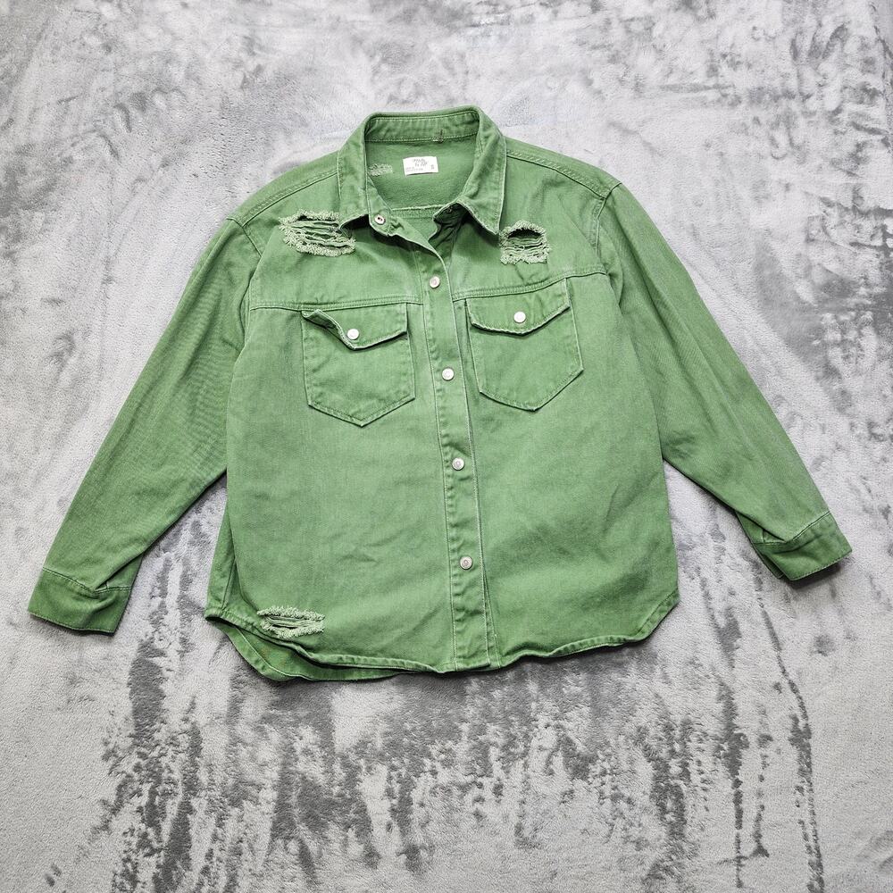 Mila & Tiff‎ Jacket Womens S Green Distressed Denim Collection Long Sleeve Snap